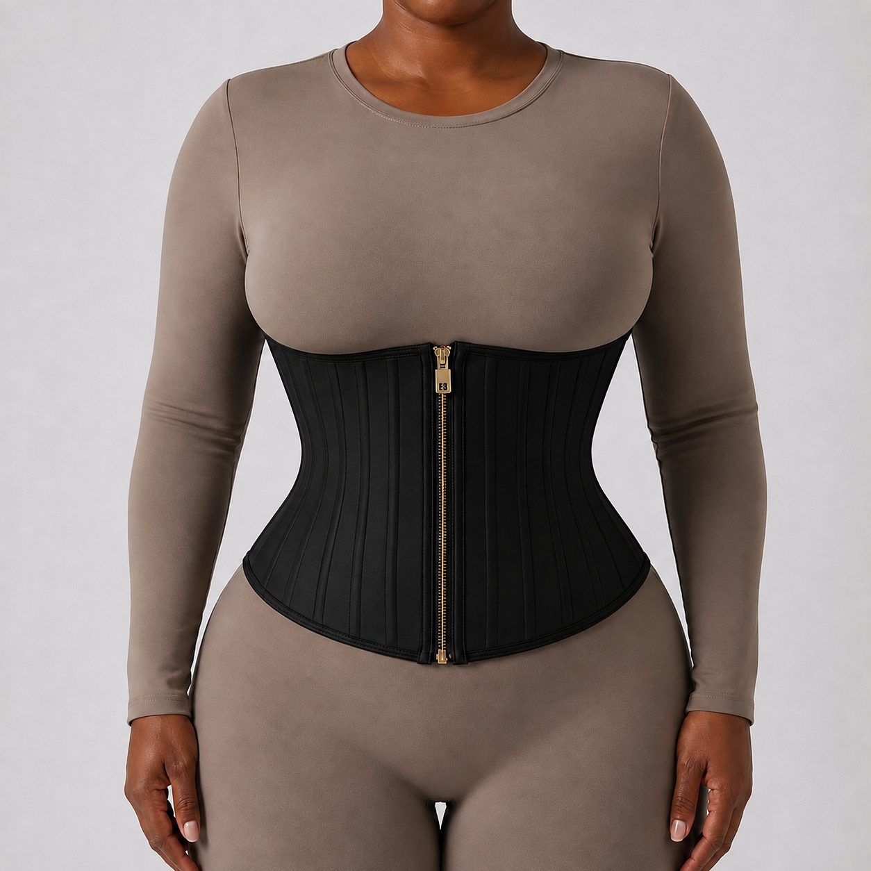 The Cinch Waist Trainer in black, with a zip-front closure
